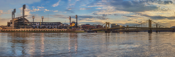 PNC Park and the Sister Bridges at sunrise on Opening Day in Pittsburgh