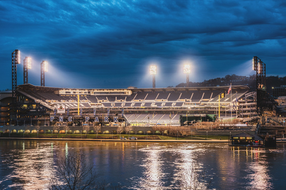 PNC Park glows in the morning before Opening Day in PIttsburgh