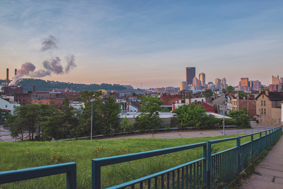 A colorful sky over Pittsburgh at dawn from the North Side