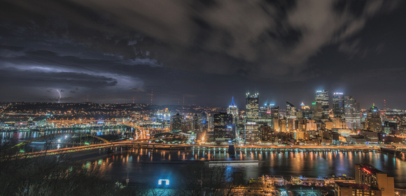 Lightning strikes over the North Side of Pittsburgh during a spring storm