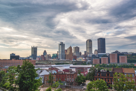 Clouds over the Pittsburgh skyline above the South Side from PJ McCardle Roadway
