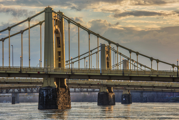 Sunlight on the Sister Bridges in Pittsburgh at dawn