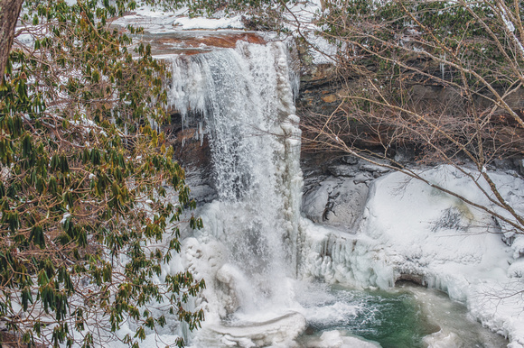 Water falling at Cucumber Falls in the winter at Ohiopyle State Park