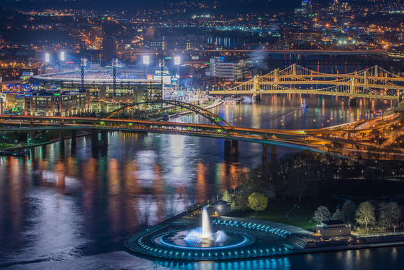 PNC Park and the fountain at the Point in Pittsburgh at night