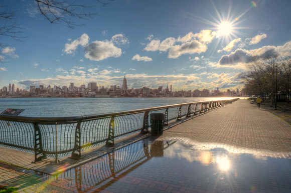 Sun flare reflections and the New York City skyline from Hoboken HDR