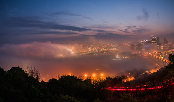 The fog in Pittsburgh looks like a ring of fire at sunrise