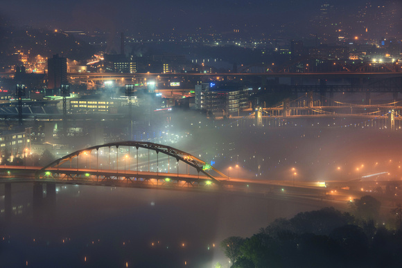 The fog covered Allegheny River in Pittsburgh