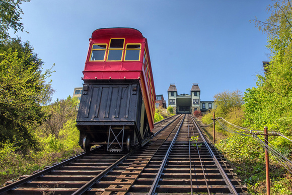 A view of the Duquesne Incline from on the tracks in Pittsburgh
