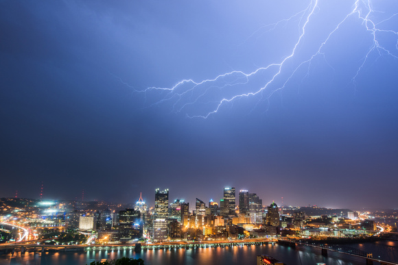 Lightning streaks through the sky over Pittsburgh