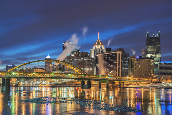 Pittsburgh skyline from the North Shore with seagulls sitting on the icy Allegheny River