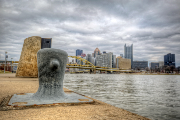 A mooring and a cloudy Pittsburgh skyline from the North Shore HDR