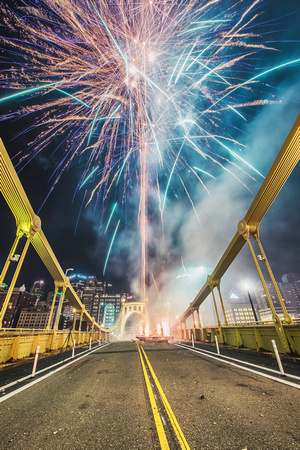 Fireworks on the Clemente Bridge in Pittsburgh