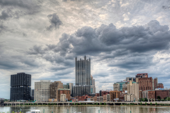 A cloudy sky over the Pittsburgh skyline