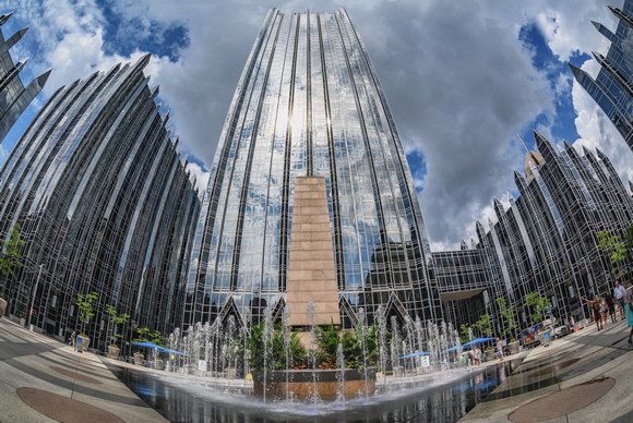 PPG Place reflects the sun under beatiful skies in Pittsburgh
