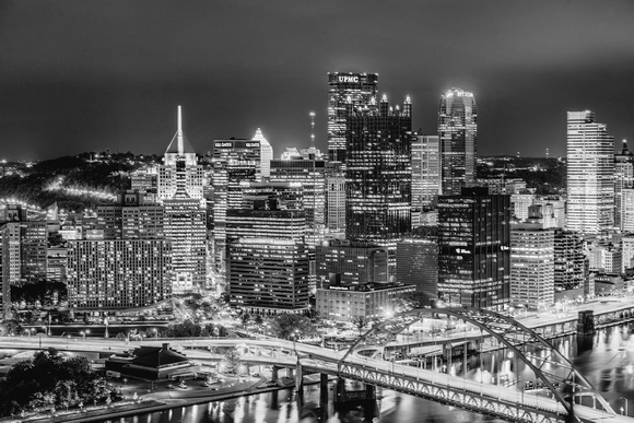 Pittsburgh lit up at night from the Duquesne Incline station B&W HDR