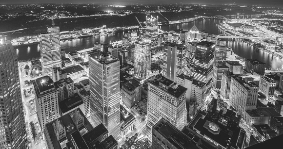 Black and white aerial view of Pittsburgh at night