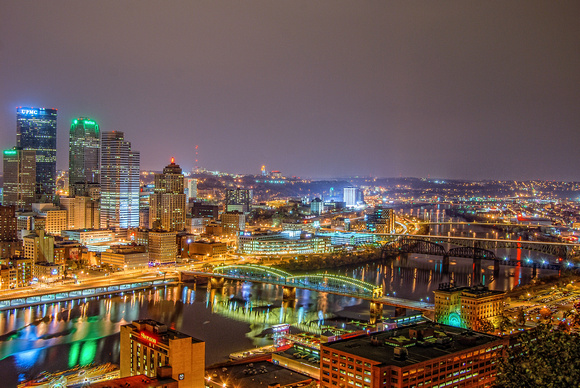 Looking up the Monongahela River at night from Mt. Washington in Pittsburgh HDR