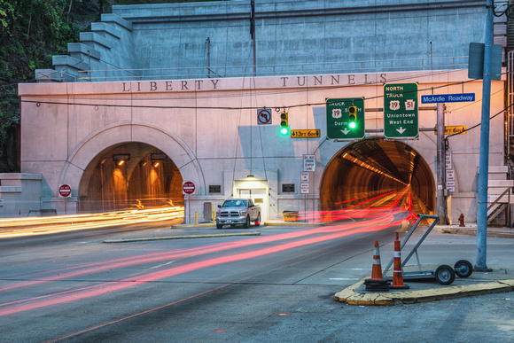 Light trails from the Liberty Tunnel in Pittsburgh