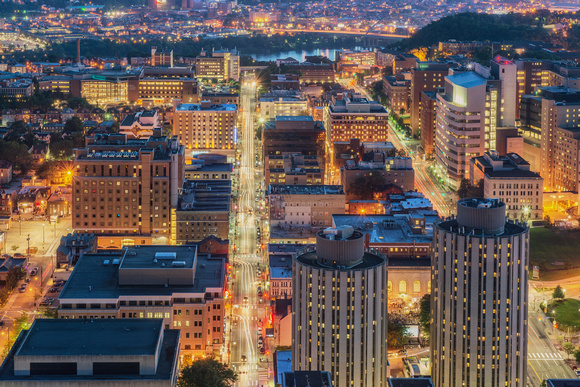 Downtown Oakland lit up at night in Pittsburgh