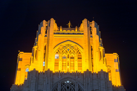 The Victory Lights glow atop the Cathedral after Pitt beat Penn State