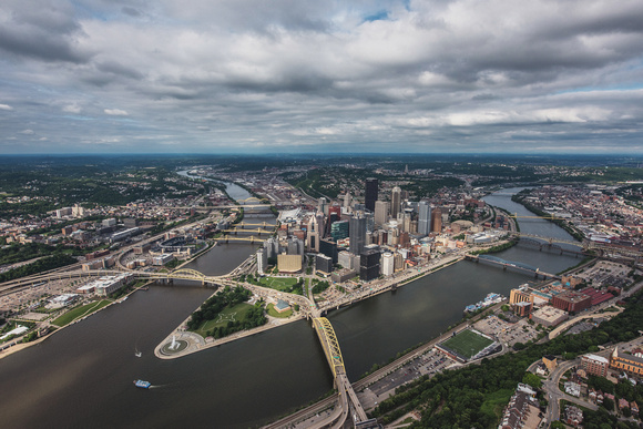 Aerial view of downtown Pittsburgh from above Mt. Washington