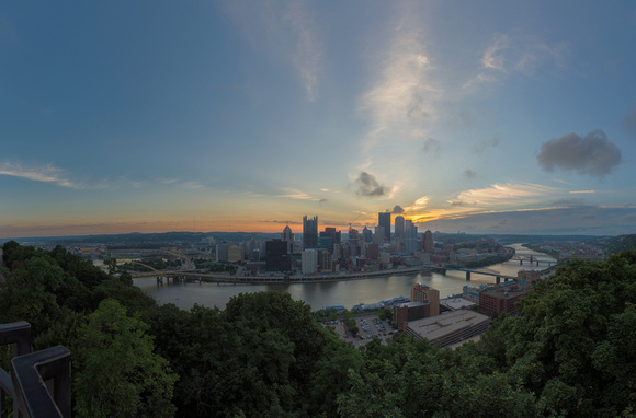 A panorama of the Pittsburgh skyline at sunrise