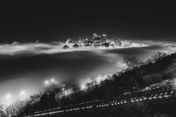 The fog in Pittsburgh from Mt. Washington in black and white