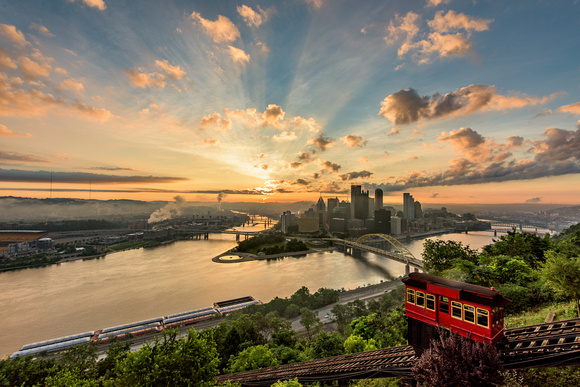 The Duquesne Incline climbs Mt. Washington in Pittsburgh during a beautiful sunrise