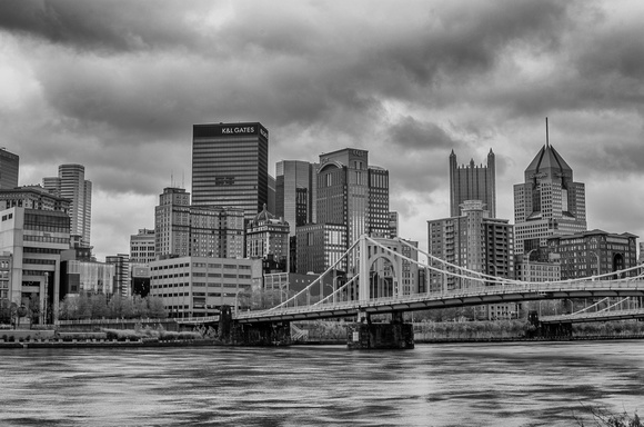 The Pittsburgh skyline on a cloudy day from the North Shore B&W HDR