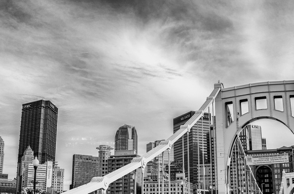 The Clemente Bridge and Pittsburgh skyline B&W HDR