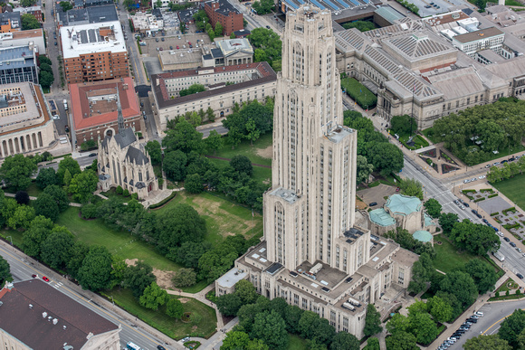 Aerial view of the Cathdral of Learning and Heinz Chapel