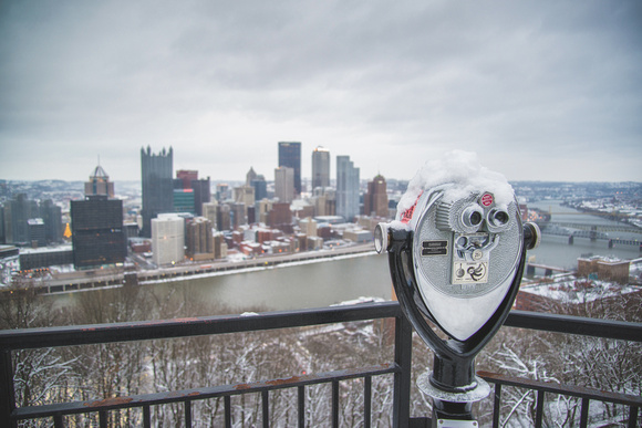 Viewfinder on Mt. Washington looking over a snowy Pittsburgh HDR