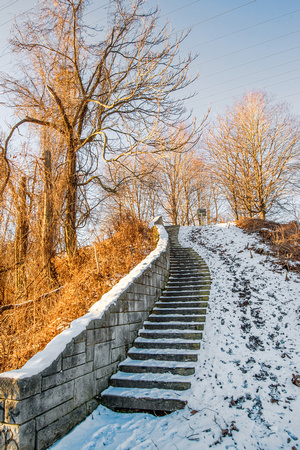 Steps in the snow on Herr's Island in Pittsburgh