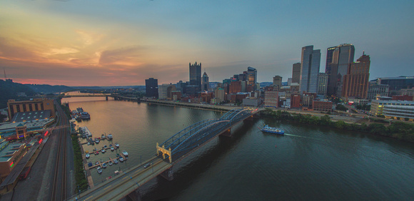 Panorama of sunset over the Smithfield St Bridge in Pittsburgh