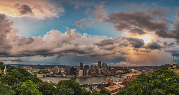 Panorama of a storm moving over Pittsburgh at dusk