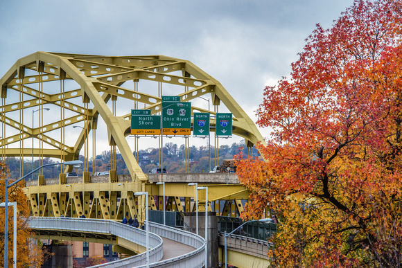 A close up view of the fall colors around the Ft. Duquesne Bridge in Pittsburgh