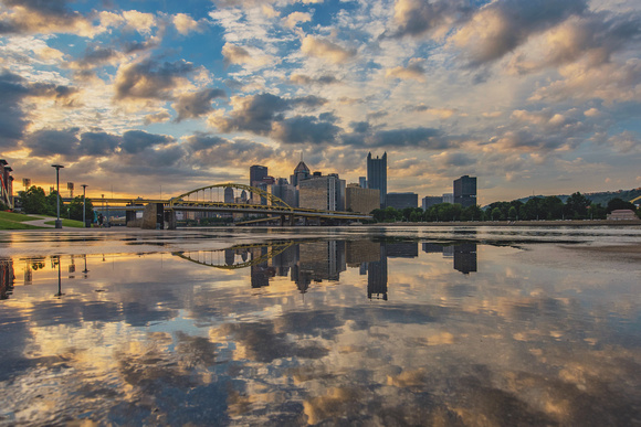 Reflections of Pittsburgh at dawn on the North Shore