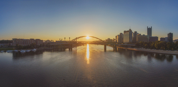 Panorama from over the Allegheny River at sunrise in Pittsburgh