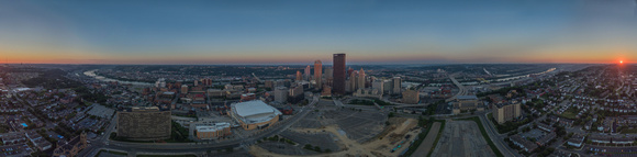 Panorama of sunrise from above the heart of downtown Pittsburgh