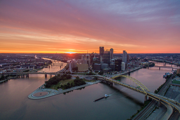 An aerial view of a beautiful sunrise in Pittsburgh
