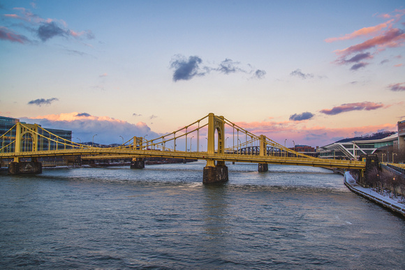 A colorful sky over the Sister Bridges in Pittsburgh HDR