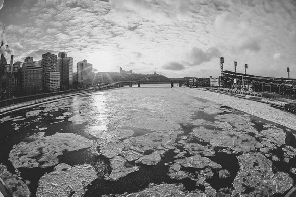 Ice floating on the Allegheny River in Pittsburgh in winter