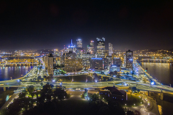 Aerial view of Pittsburgh over Point State Park at night