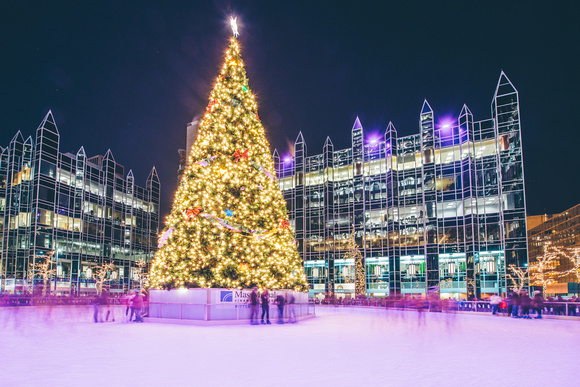 The Christmas tree at PPG Place and the ice rink at night