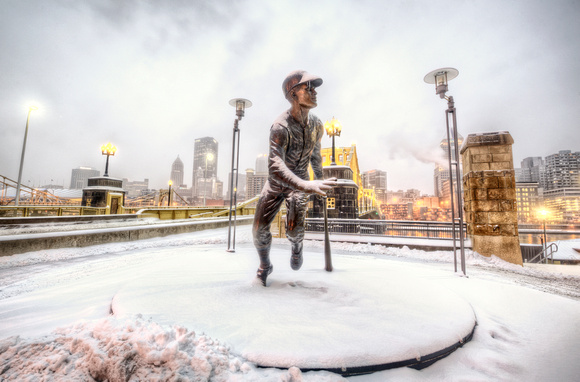 Snow covered Statue of Roberto Clemente HDR