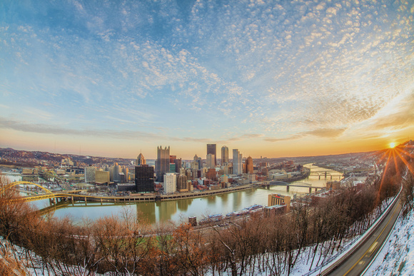 A fisheye sunrise from Mt. Washington on a winter's morning in Pittsburgh
