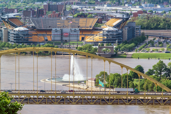 Heinz Field and fountain through the Ft. Pitt Bridge in Pittsburgh