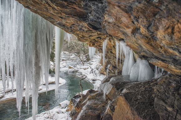 Under the ledge near the ice wall at Ohiopyle State Park