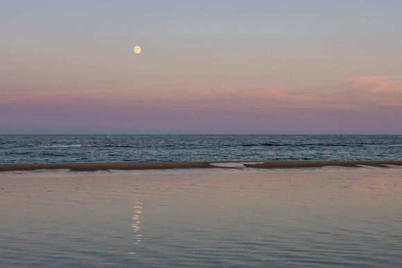 Full moon reflects in a pool of water near the ocean in Ocean City, MD