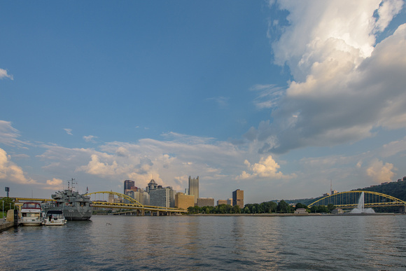 A view of the LST 323 World War II Transport Ship and downtown Pittsburgh